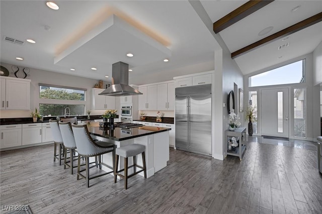 kitchen featuring white cabinetry, appliances with stainless steel finishes, island range hood, and a kitchen island