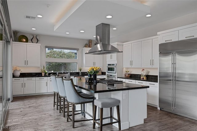 kitchen featuring appliances with stainless steel finishes, island exhaust hood, white cabinets, a kitchen island, and a breakfast bar area