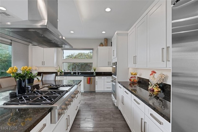 kitchen featuring white cabinets, stainless steel appliances, island exhaust hood, and a healthy amount of sunlight