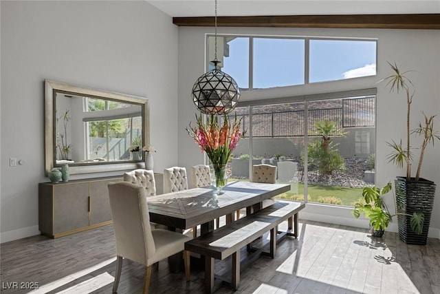 dining space with a healthy amount of sunlight, beam ceiling, and wood-type flooring