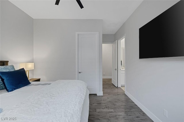 bedroom with ceiling fan and hardwood / wood-style floors