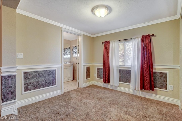 carpeted spare room featuring crown molding and sink