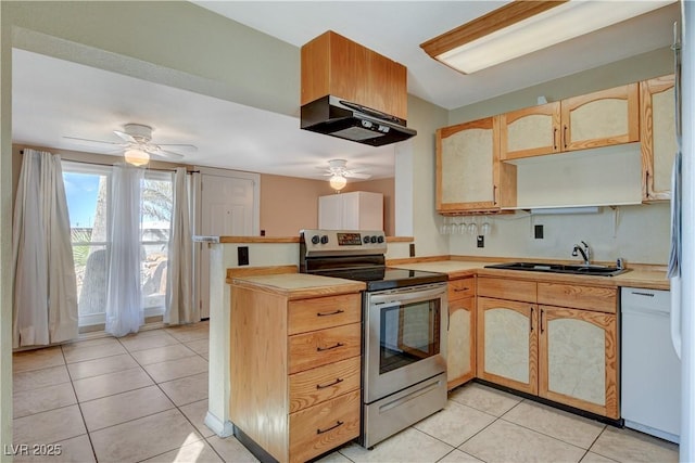 kitchen with sink, light tile patterned floors, dishwasher, electric stove, and range hood