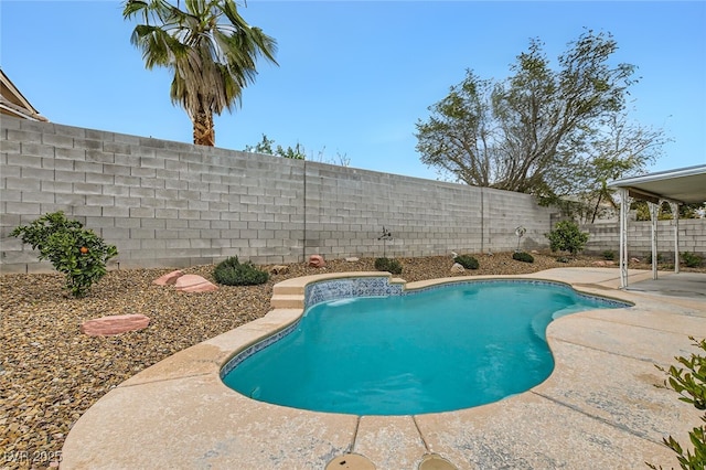 view of swimming pool featuring a fenced in pool, a patio, and a fenced backyard