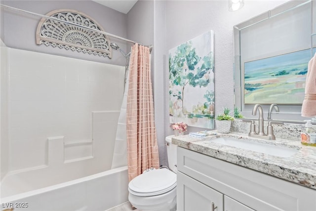 full bathroom with toilet, vanity, and shower / tub combo with curtain