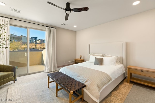 carpeted bedroom featuring ceiling fan and access to outside