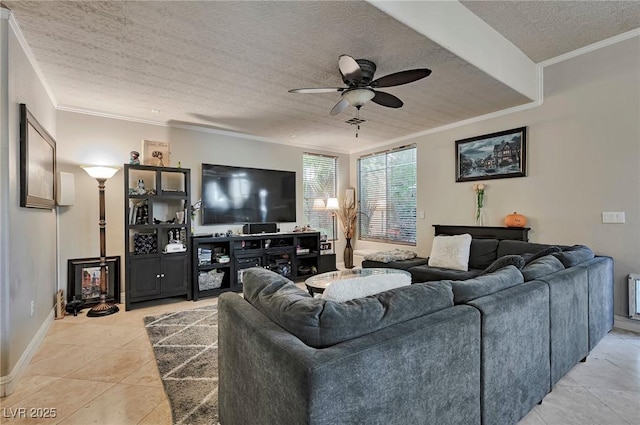 tiled living room featuring crown molding, ceiling fan, and a textured ceiling