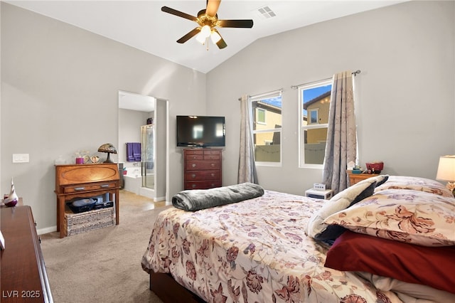 bedroom featuring ceiling fan, light carpet, and vaulted ceiling