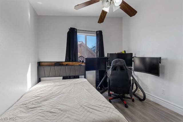 bedroom featuring ceiling fan and wood-type flooring