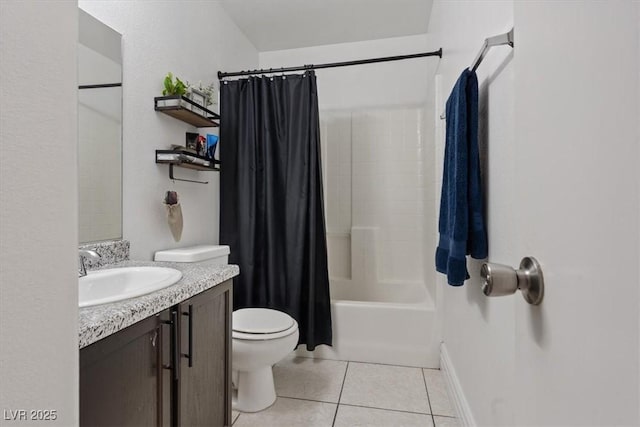 full bathroom featuring vanity, toilet, tile patterned floors, and shower / tub combo with curtain