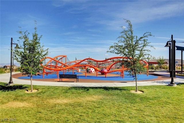 view of jungle gym featuring a yard