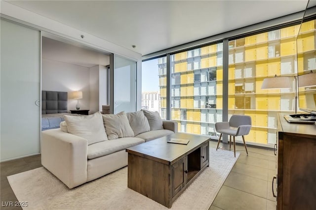 tiled living room with expansive windows