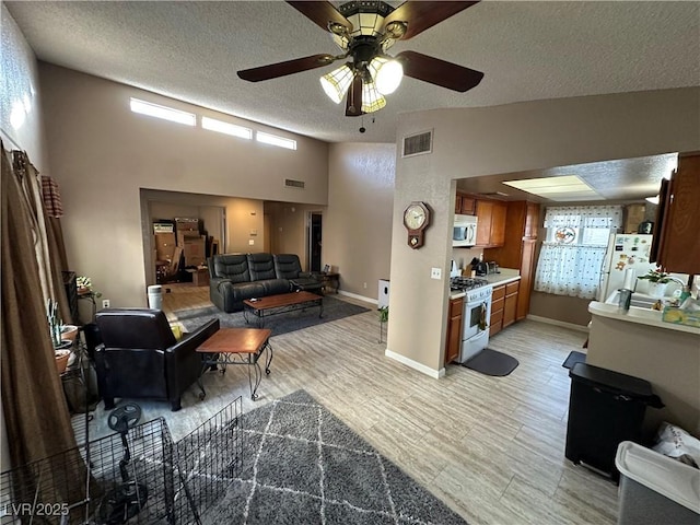 living room with light hardwood / wood-style floors, a textured ceiling, and a towering ceiling