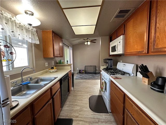 kitchen with white appliances, a textured ceiling, sink, light wood-type flooring, and ceiling fan