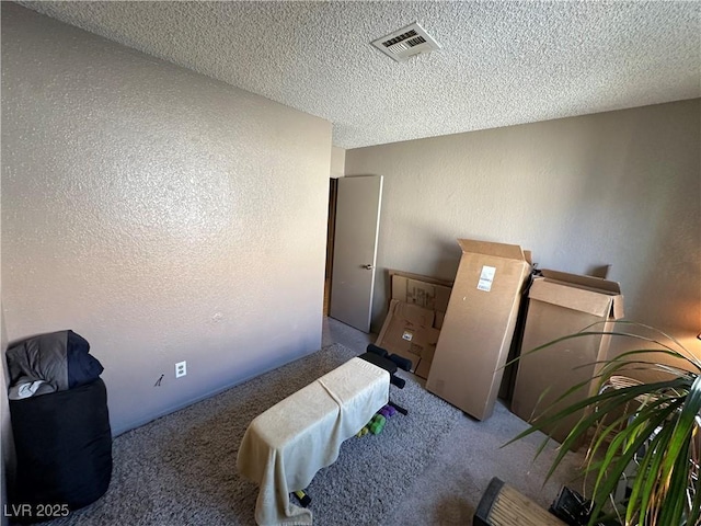 carpeted bedroom with a textured ceiling