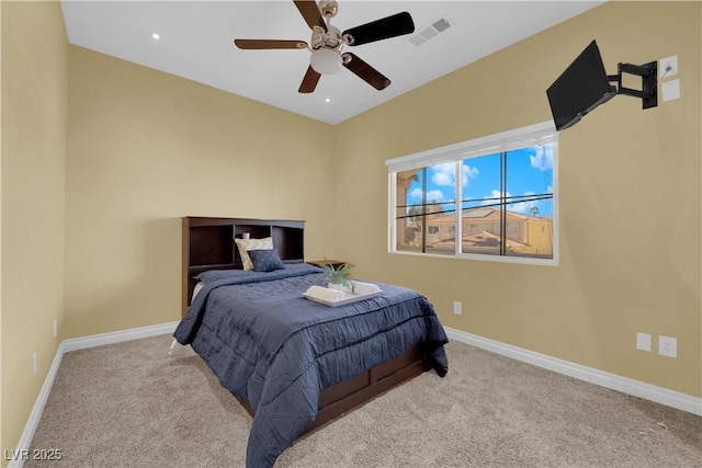 bedroom with light colored carpet and ceiling fan