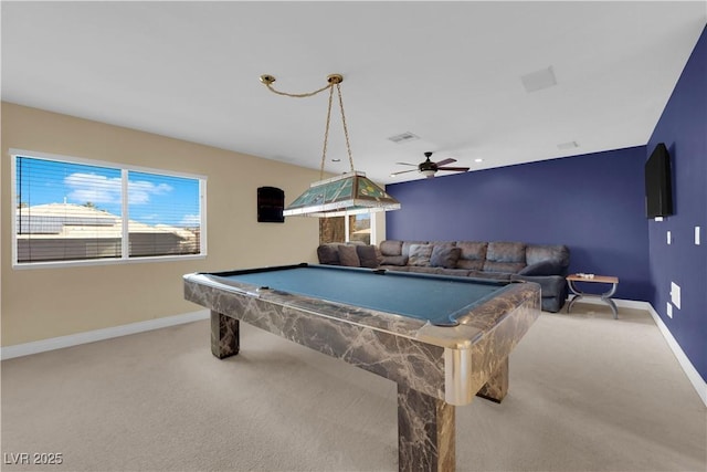 game room featuring pool table, ceiling fan, and carpet