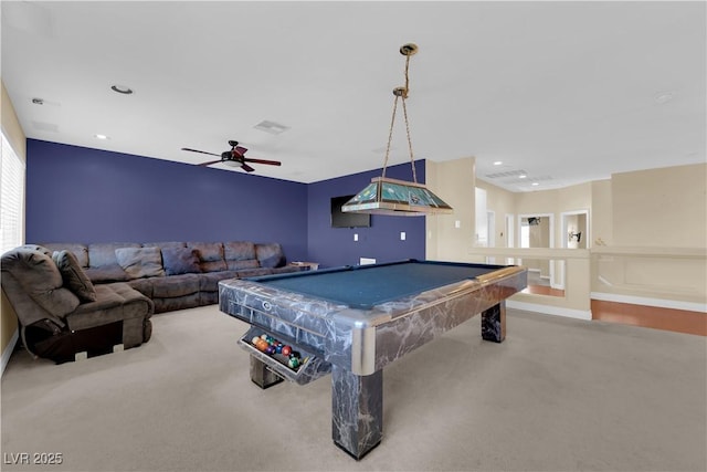 rec room featuring ceiling fan, pool table, and carpet flooring