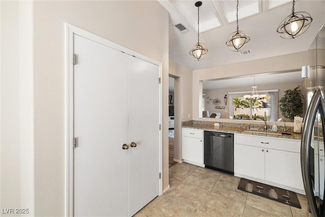 kitchen featuring sink, white cabinetry, black dishwasher, and hanging light fixtures