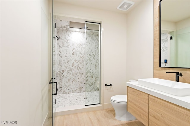 bathroom with toilet, vanity, and a shower with shower door