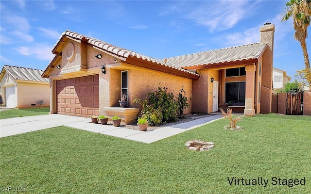 view of front of home featuring stucco siding, a tile roof, a front yard, an attached garage, and a chimney