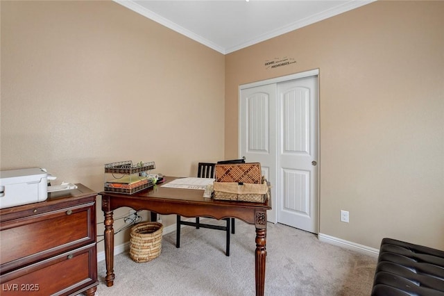 carpeted office with crown molding