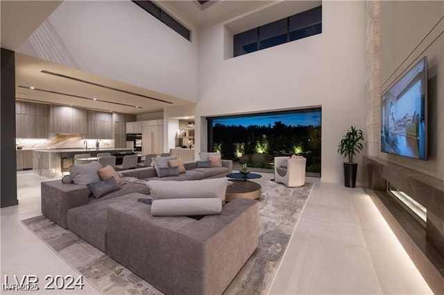 living room featuring a high ceiling