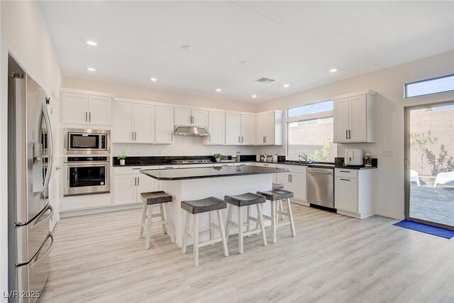 kitchen featuring a center island, a kitchen breakfast bar, white cabinets, light hardwood / wood-style flooring, and stainless steel appliances