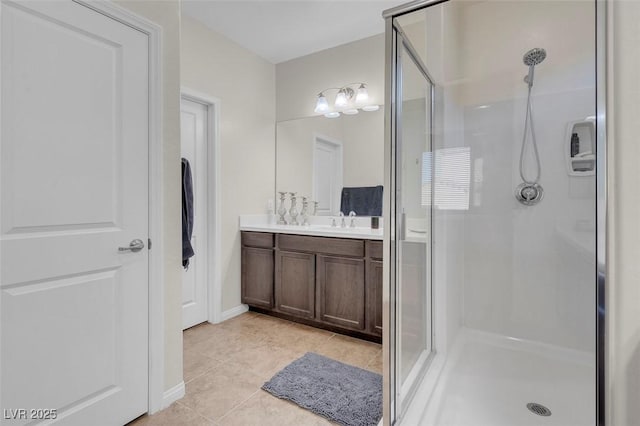 bathroom featuring tile patterned flooring, an enclosed shower, and vanity