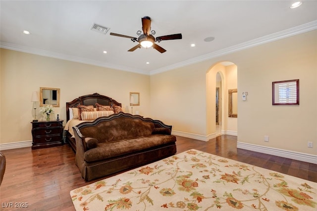 4450 Palisades Canyon Cir, Las Vegas, NV 89129 - bedroom with arched walkways, recessed lighting, wood finished floors, ornamental molding, and baseboards