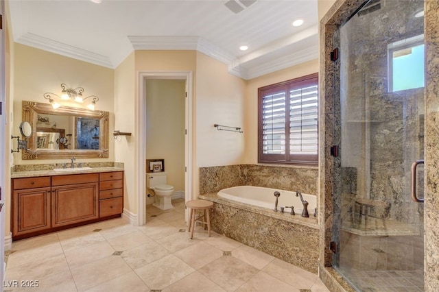 4450 Palisades Canyon Cir, Las Vegas, NV 89129 - full bath with a bath, healthy amount of natural light, vanity, crown molding, and a stall shower