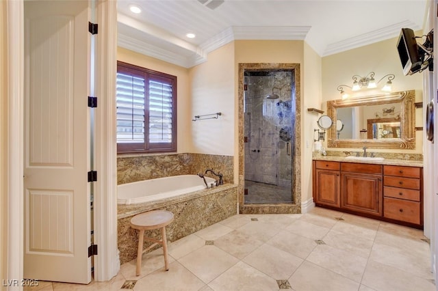 bathroom featuring independent shower and bath, vanity, tile patterned floors, and crown molding