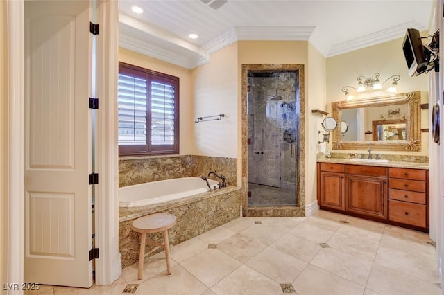 4450 Palisades Canyon Cir, Las Vegas, NV 89129 - full bath with a bath, ornamental molding, vanity, a shower stall, and tile patterned flooring