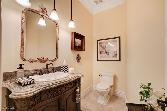 half bathroom featuring baseboards, toilet, tile patterned flooring, crown molding, and vanity