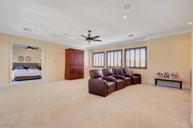 living area with light carpet, visible vents, and crown molding