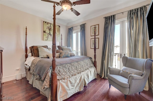 4450 Palisades Canyon Cir, Las Vegas, NV 89129 - bedroom with dark wood finished floors, baseboards, ornamental molding, french doors, and ceiling fan