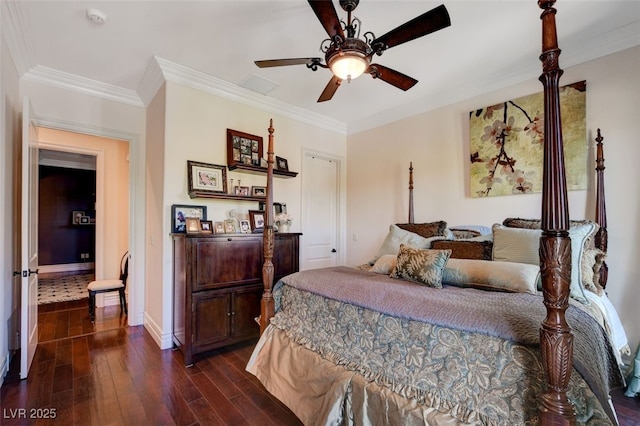 4450 Palisades Canyon Cir, Las Vegas, NV 89129 - bedroom featuring dark wood finished floors, ornamental molding, baseboards, and a ceiling fan