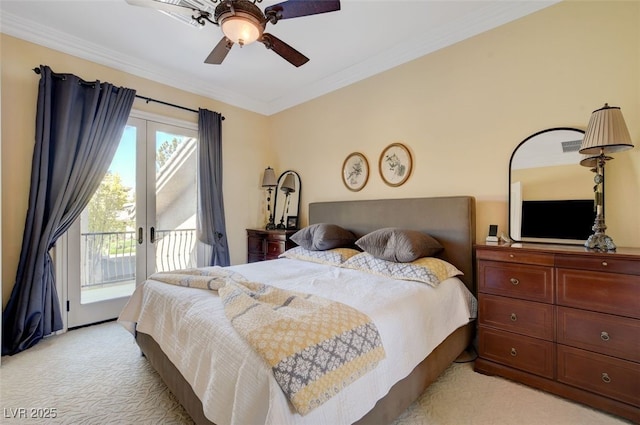 bedroom featuring light carpet, french doors, access to exterior, ornamental molding, and ceiling fan