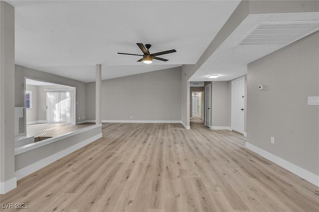 unfurnished living room with light wood-type flooring and ceiling fan