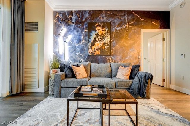 living room featuring ornamental molding and hardwood / wood-style floors