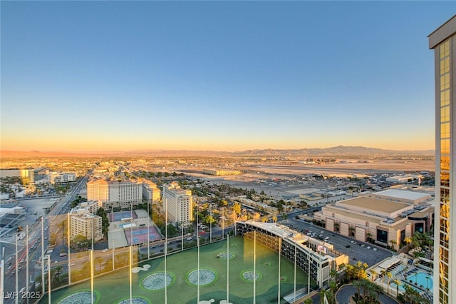 view of aerial view at dusk