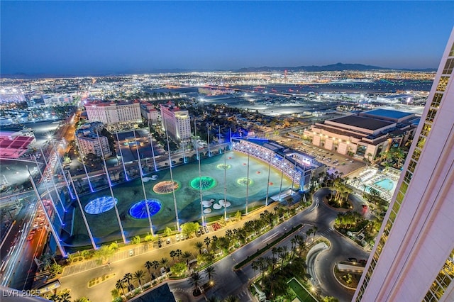 view of aerial view at dusk