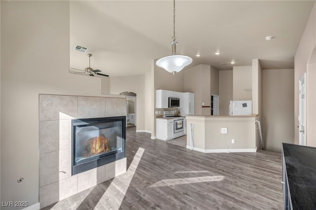 living room with ceiling fan, a fireplace, and light hardwood / wood-style flooring