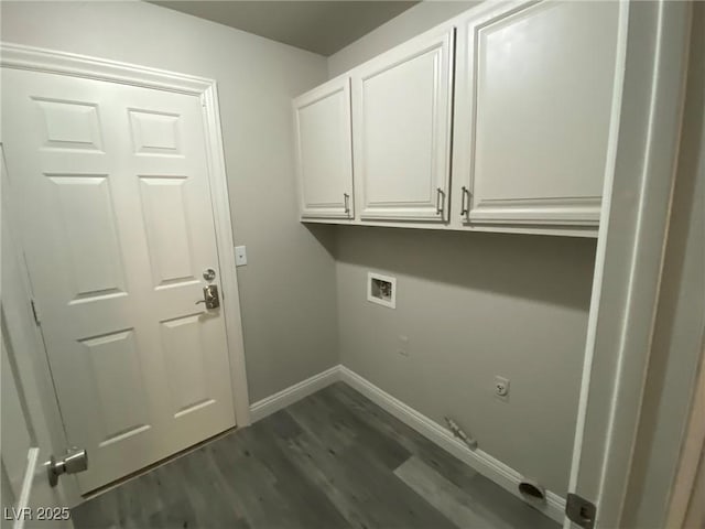 clothes washing area with washer hookup, gas dryer hookup, dark hardwood / wood-style flooring, electric dryer hookup, and cabinets