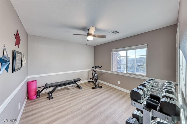 exercise area with light hardwood / wood-style floors and ceiling fan