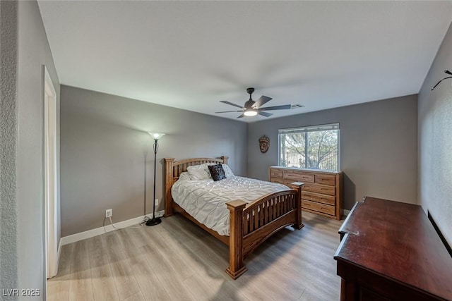 bedroom with ceiling fan and light hardwood / wood-style flooring