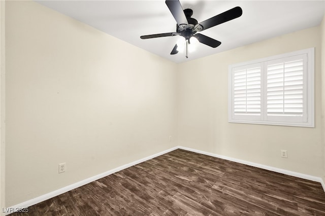 empty room with dark wood-type flooring and ceiling fan