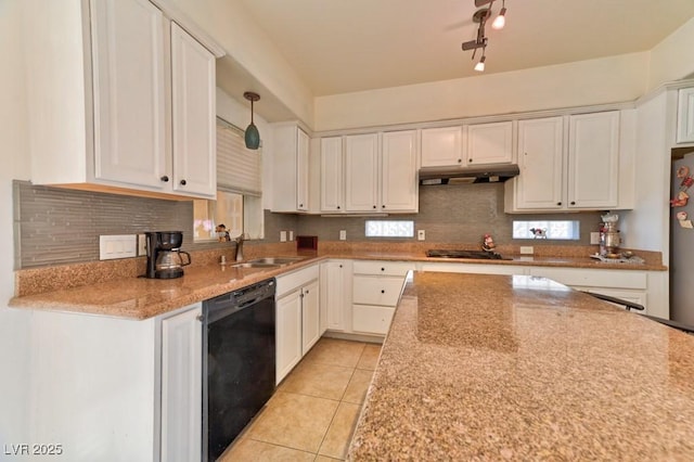 kitchen featuring black dishwasher, sink, white cabinets, hanging light fixtures, and gas cooktop