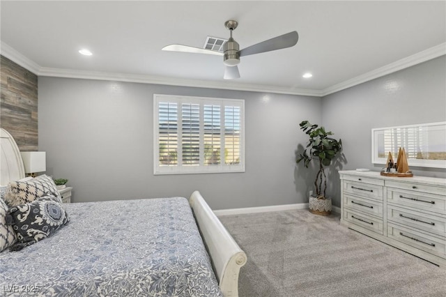 bedroom featuring carpet, ceiling fan, and ornamental molding