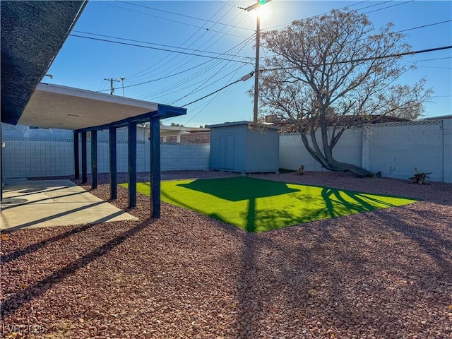 view of yard with a patio area and a shed